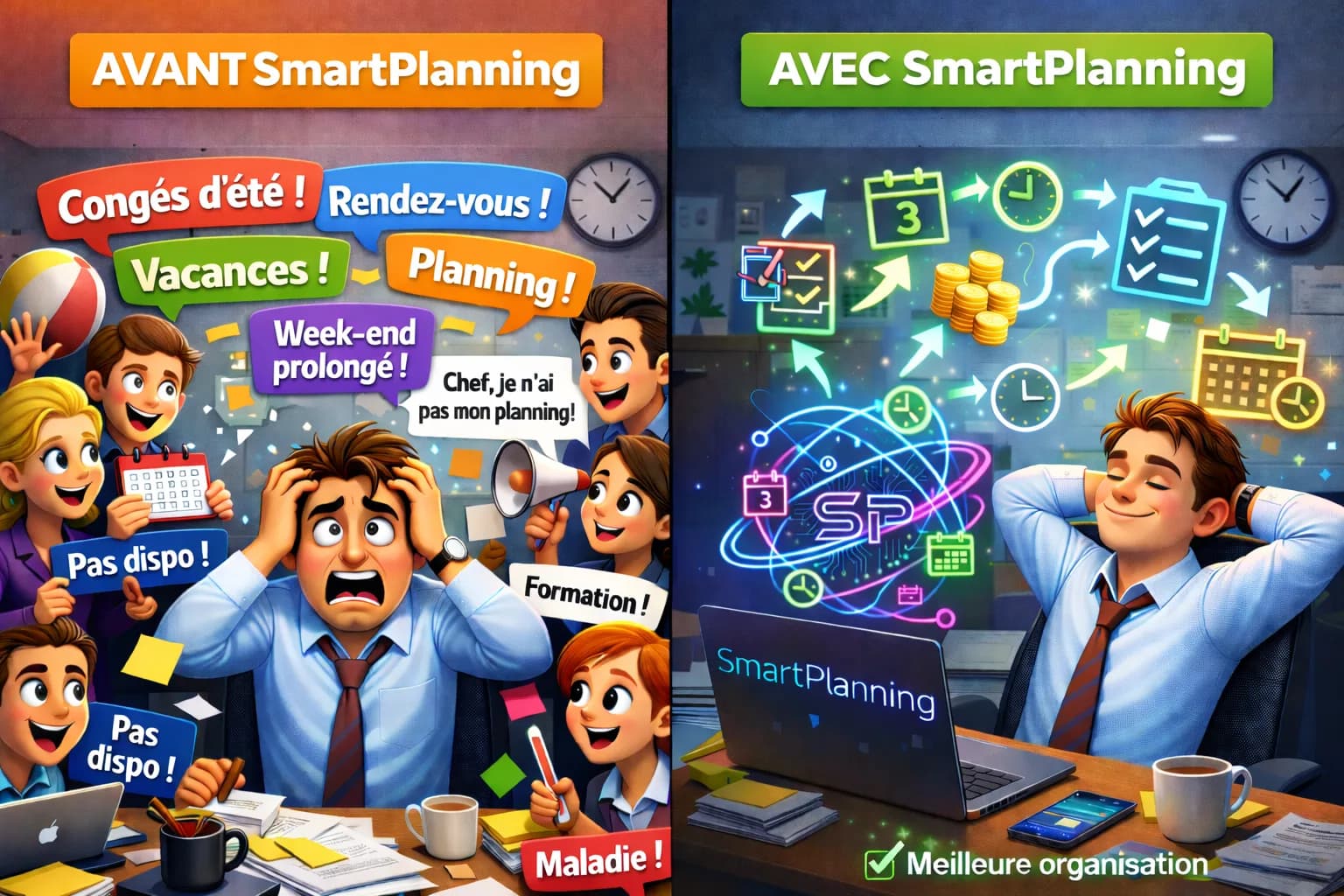 À gauche, une organisation dispersée entre tableurs, messages et impressions. À droite, la même équipe sur une vue unique SmartPlanning.